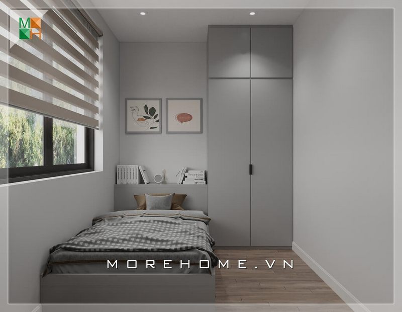 Thiết kế phòng ngủ hiện đại với giường ngủ đơn gọn gàng và tủ âm tường tiện nghi là lựa chọn hoàn hảo cho không gian căn hộ chung cư nhỏ. 